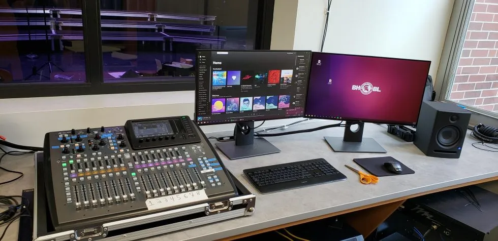High school broadcasting studio Nick McPherson designed in Burnt Hills, NY, with digital mixing console and dual monitors